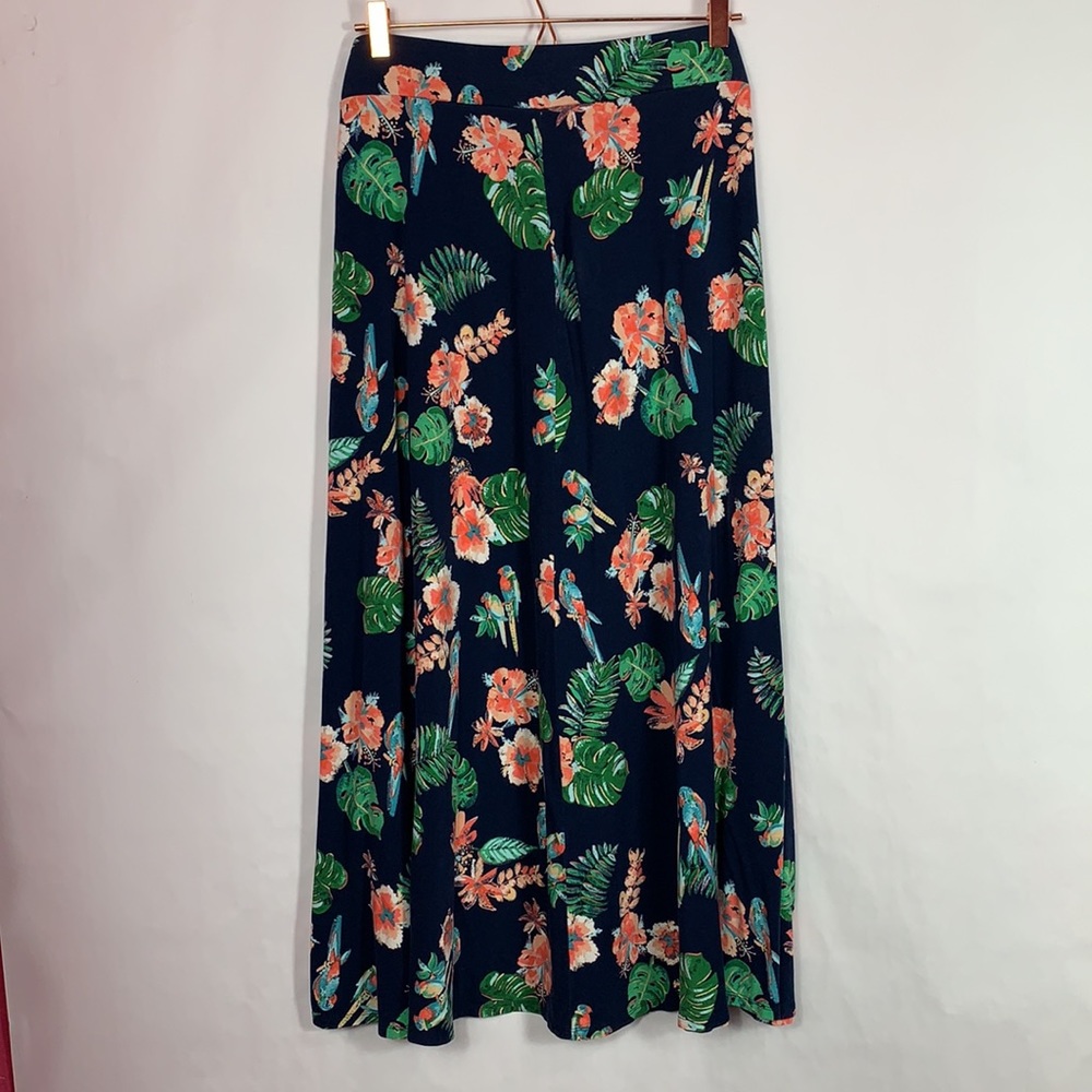Westport long skirt navy with floral, parrot print